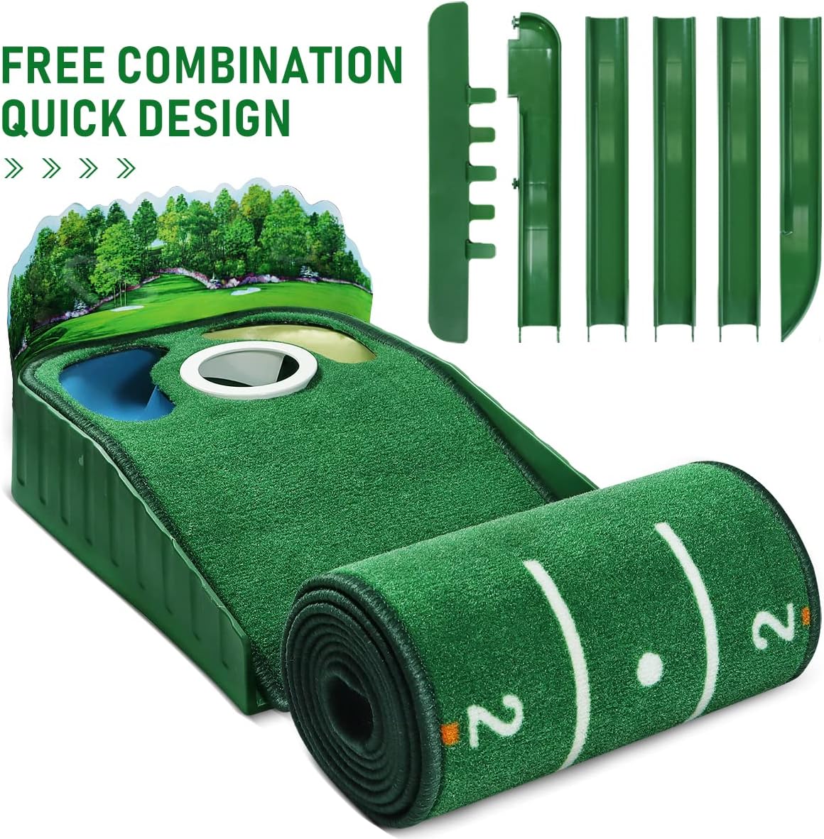 Golf Putting Green Putting Mat Indoor & Outdoor with Ball Return and 3 Holes Improve Accuracy and Speed Durable Wrinkle-Resistant Velvet Crystal Mat Golf Accessories for Men