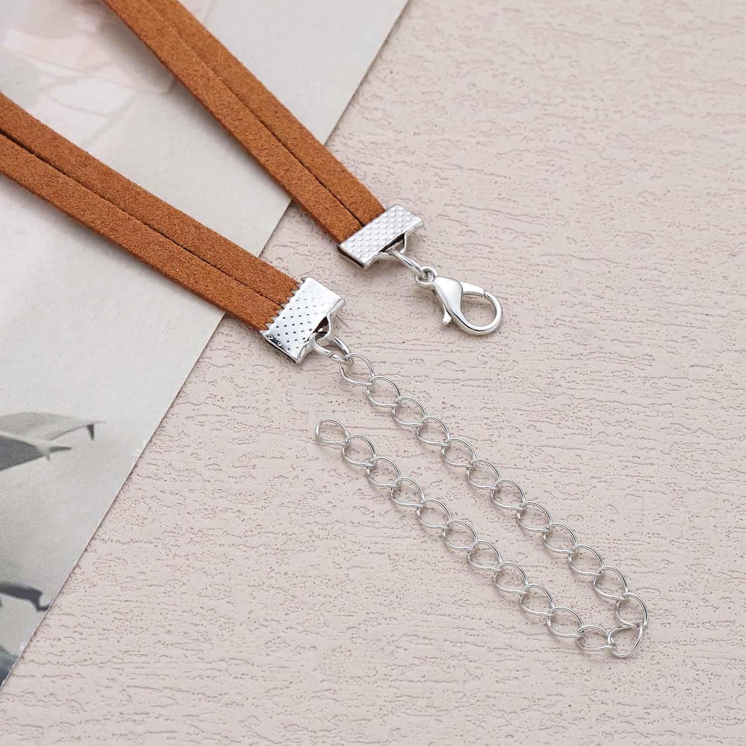 Vintage Layered Brown Velvet Choker Necklace Feather Pendant Necklace Silver Feather Choker Necklace Short Brown Leather Necklace Boho Suede Clavicle Necklace Jewelry for Women - Image 6