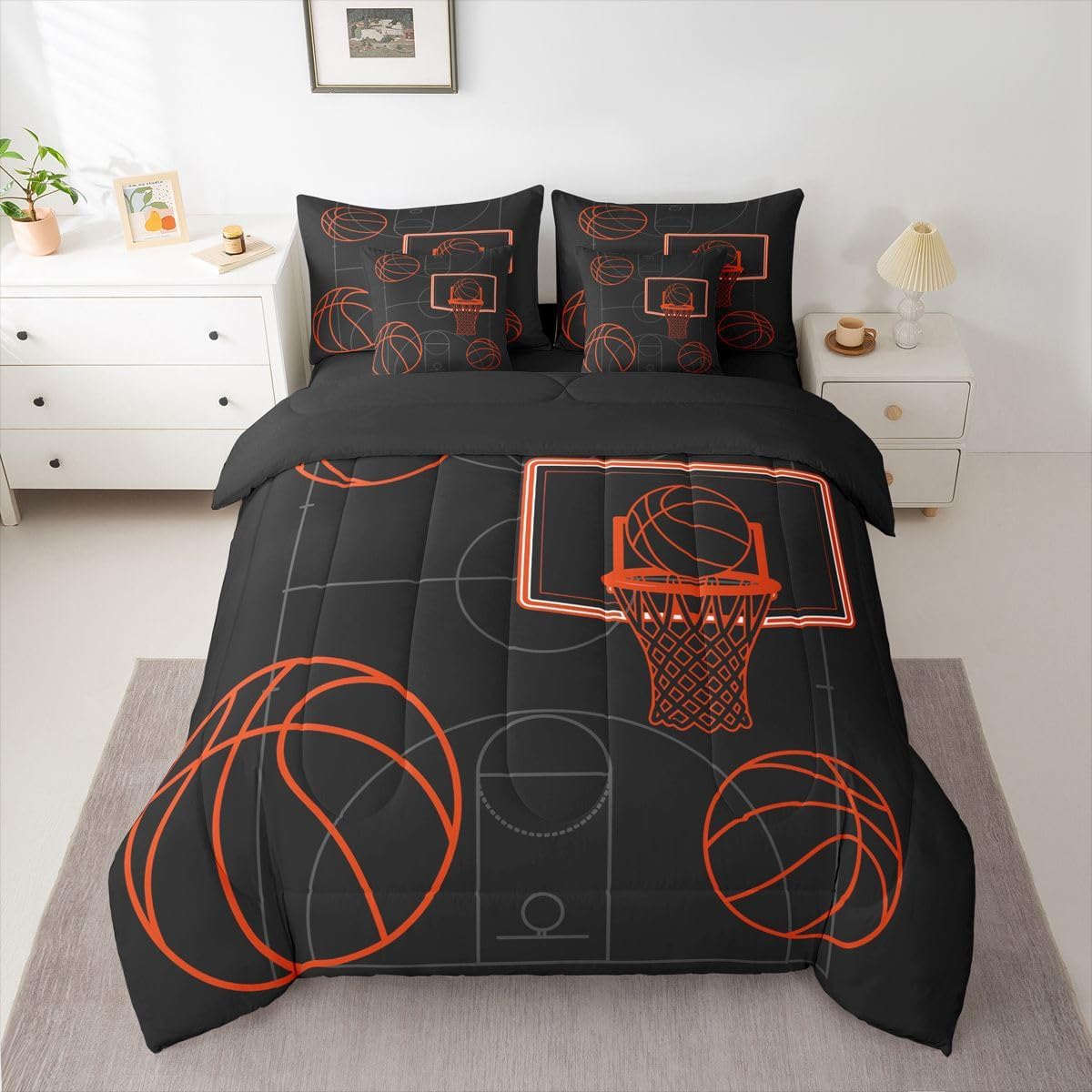 Erosebridal Basketball Games Boys Kids Comforter Set Queen Size 7 Pieces | Gaming Ball Pattern Bed in A Bag Sports Theme Bed Set Black Orange Bedding
