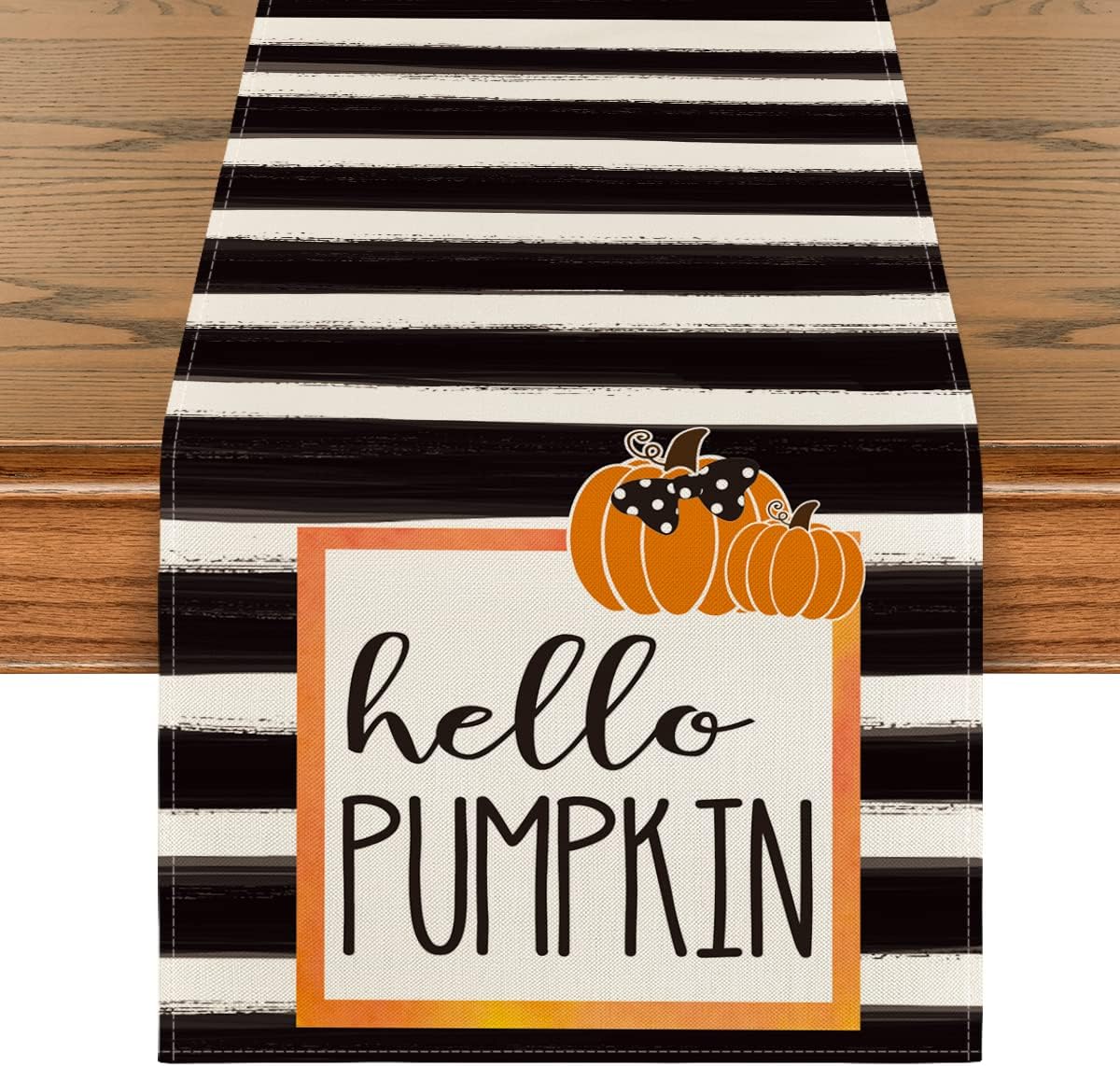 Artoid Mode Watercolor Stripes Hello Pumpkin Thanksgiving Table Runner, Seasonal Fall Harvest Vintage Kitchen Dining Table Decoration for Indoor Outdoor Home Party Decor 13 x 72 Inch