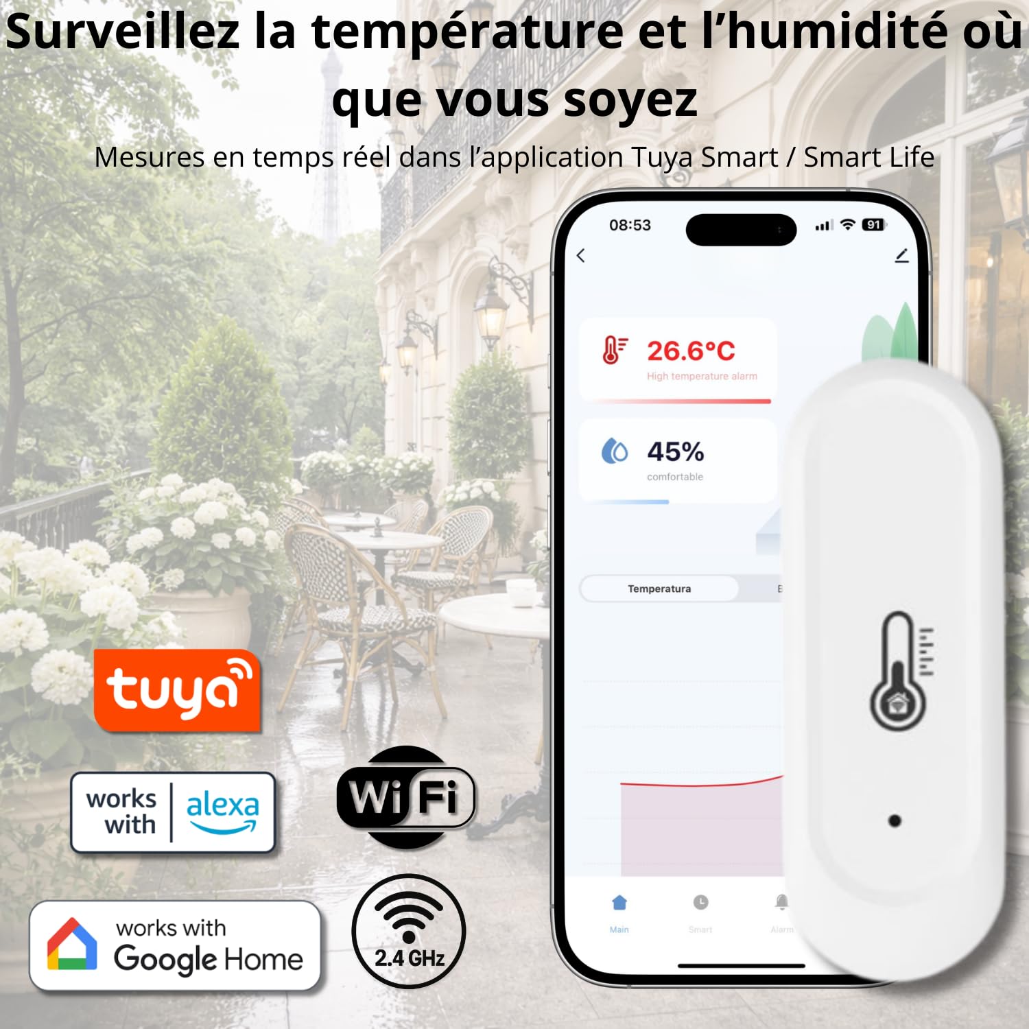 Sone Smart One Capteur Température Humidité WiFi IP65 Blanc | 2xaaa, sans écran, sans passerelle, app alarm, xlsx export