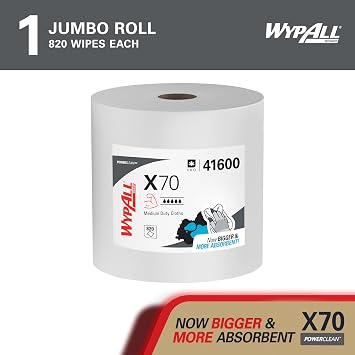 WypAll PowerClean X70 Medium Duty Cloths, Jumbo Roll, 820 Towels (41600)