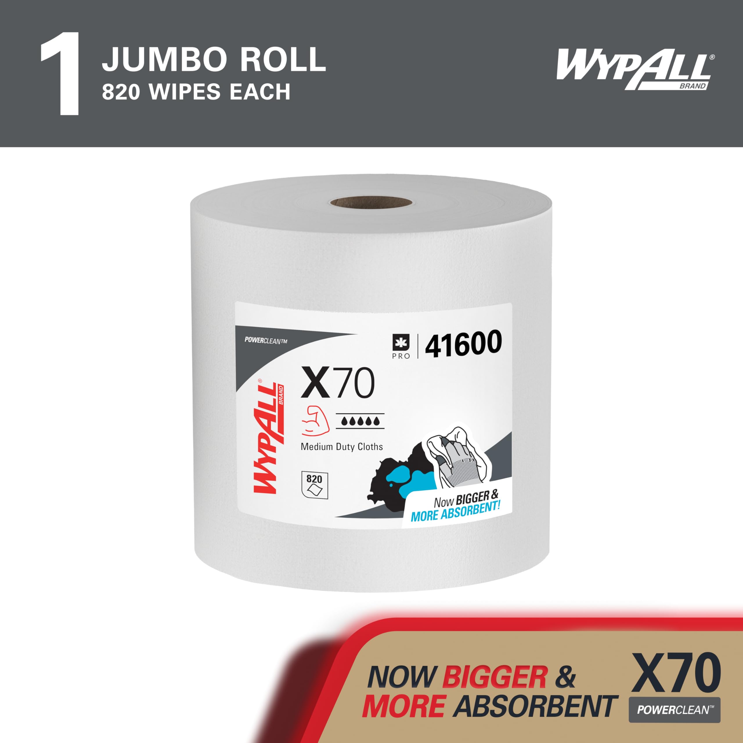 WypAll X70 Rollo de Paños de Limpieza 8348, 1 Capa, Fuerte y Absorbente, 1 Rollo x 870 Paños Blancos