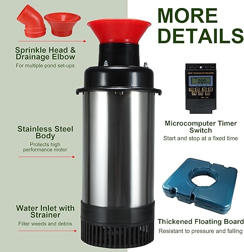 Miniatura 3 de Aireador de fuente de estanque, AS2 1HP 750W 15000GPH 110V Bomba de fuente de agua flotante de alto flujo con cable de alimentación de 100 pies,