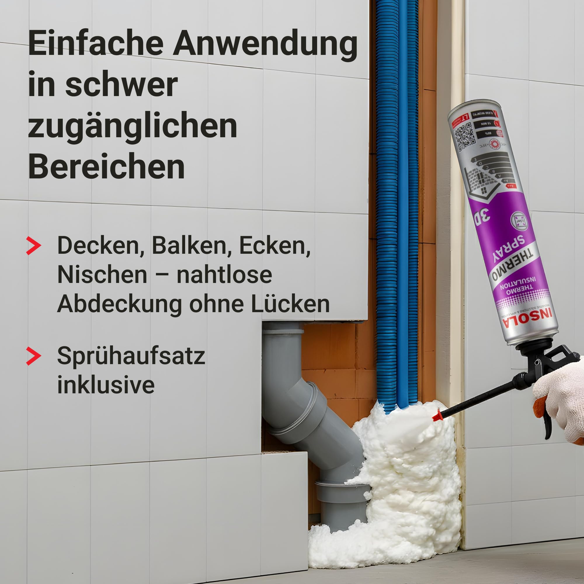 Sprühdämmung 850ml PU-Sprühisolierung INSOLA Thermo Spray 3D Isolierschaum Wärmedämmung Schallschutz Sprühschaum für schwer zugängliche Stellen Bau Innen Außen