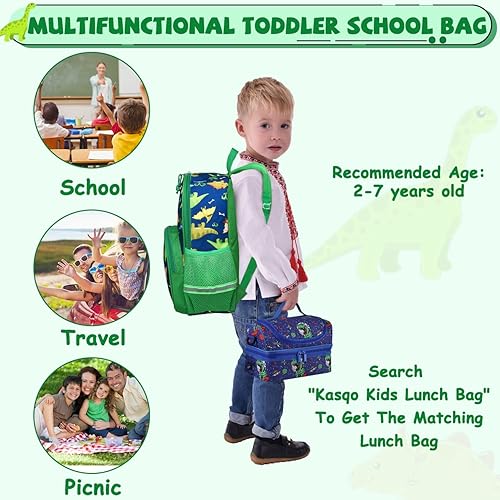 Miniatura 7 de Kasqo Mochila para niños pequeños, mochila escolar preescolar para niños y niñas de 3 a 6 años, Dinosaurio azul, Mochilas de mochila