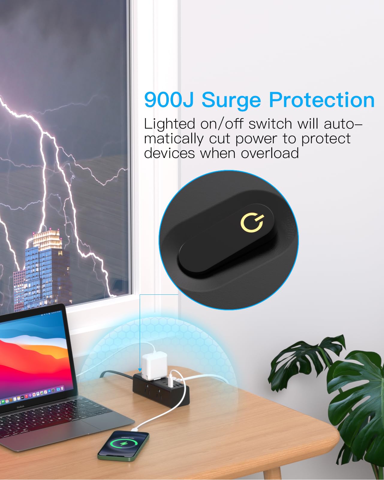 Câble d'extension de 3 m avec plusieurs prises, protection contre les surtensions à prise plate avec câble de 3 m de long, 6 prises, 3 ports USB (1 USB C), prise murale multiple pour voyage,