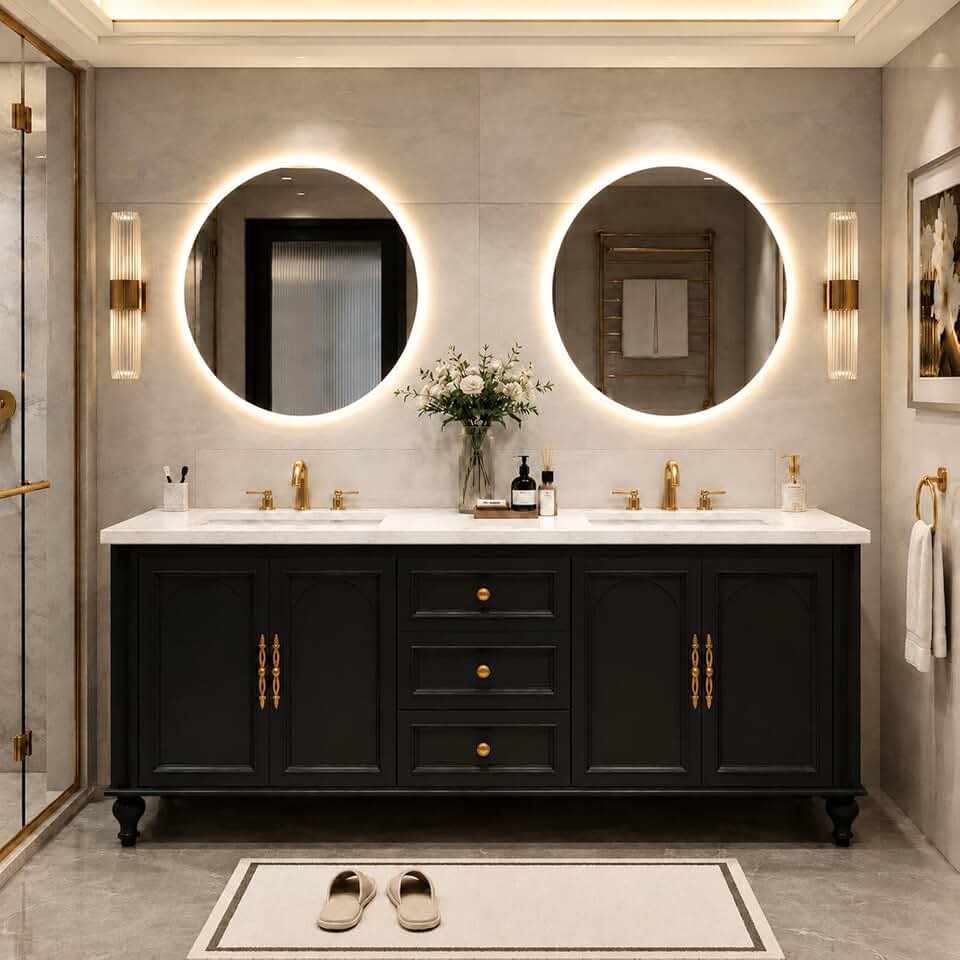 106 in Double-Sink Bathroom Vanity with Mirror - Modern Freestanding Solid Wood Vanity Cabinet | Smart Defogging | Ample Storage