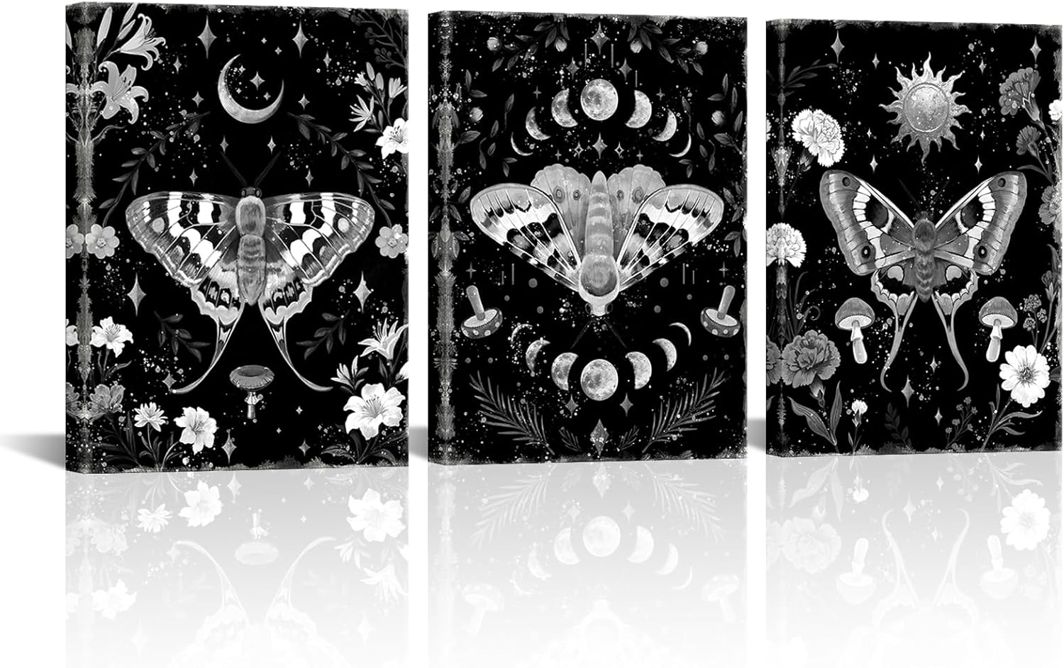 FuShvre Moth Canvas Wall Art Black and White Gothic Pictures Witchy Wall Decor Framed 12x16 inches