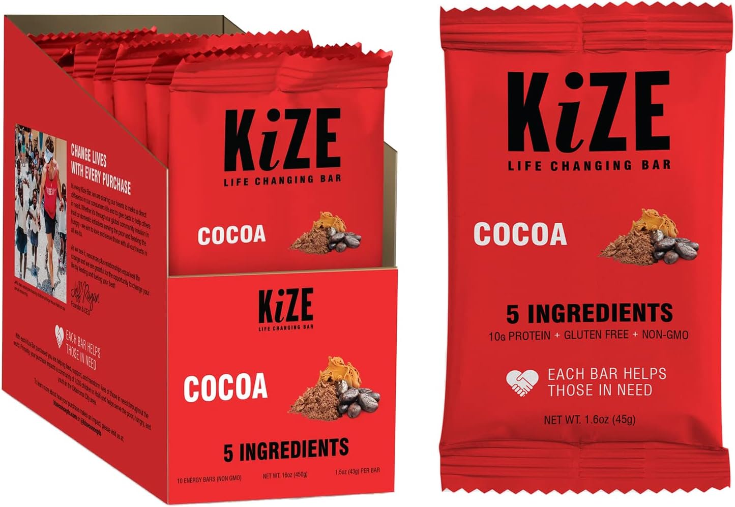 KizeEnergy Bar, Cocoa, 5 Ingredients, 10g Grass-Fed Whey Protein, Clean & Simple Real Food, Gluten Free, Non-GMO, Soy Free, Mission Based, Healthy Snacks For Kid, High Protein Snacks (10 Count)