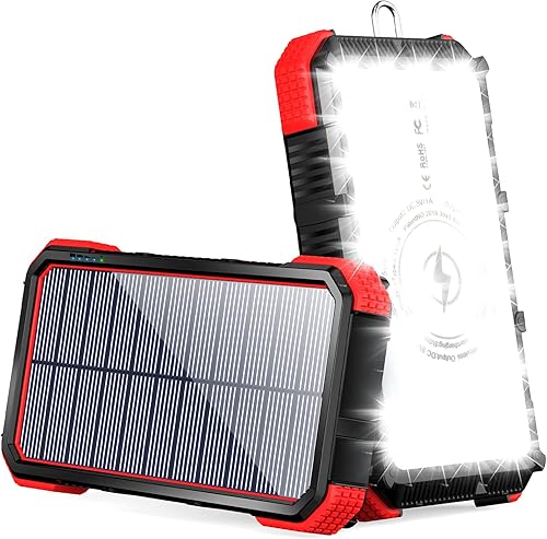 Cargador solar 20000mAh, banco de energía solar 4 salidas USB C carga rápida Qi cargador portátil inalámbrico con 36 LED linterna para iOS y Android