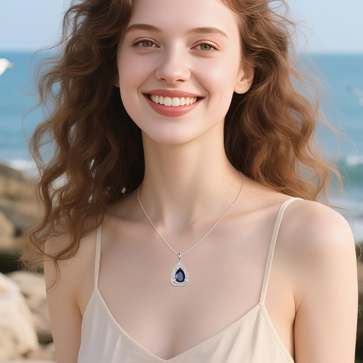 YAFEINI Blue Topaz Necklace Sterling Silver Teardrop Filigree Pendant Necklace September Birthstone Jewelry Gifts for Women - Image 2