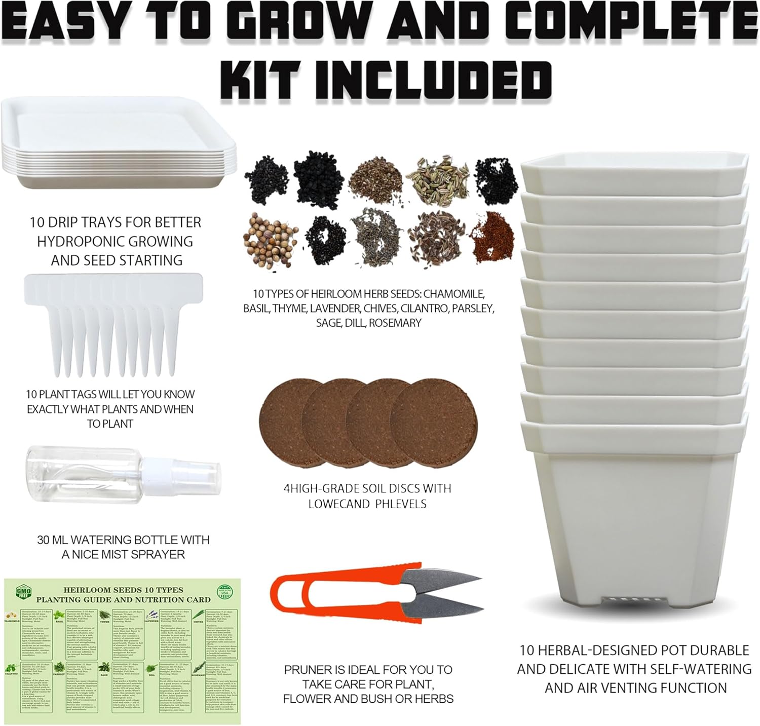 Meekear 10 Herb Seeds Garden Starter Grow Kit with White Pots, Markers, Nutritional Soil, Watering, Herb Clipper, Complete Indoor Potted Plant Growing Set for Kitchen DIY