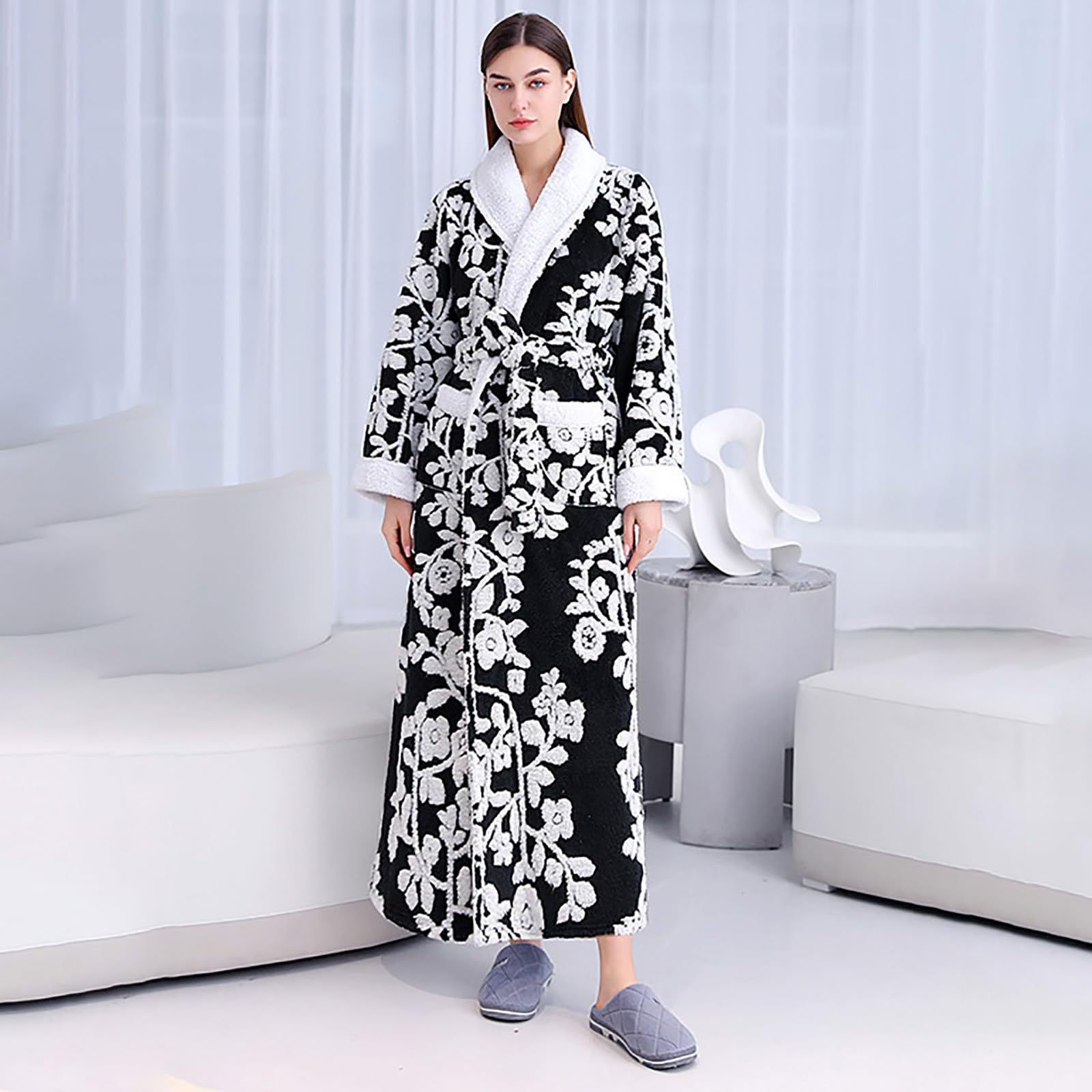 Albornoz de mujer de rizo con capucha, suave, largo de franela