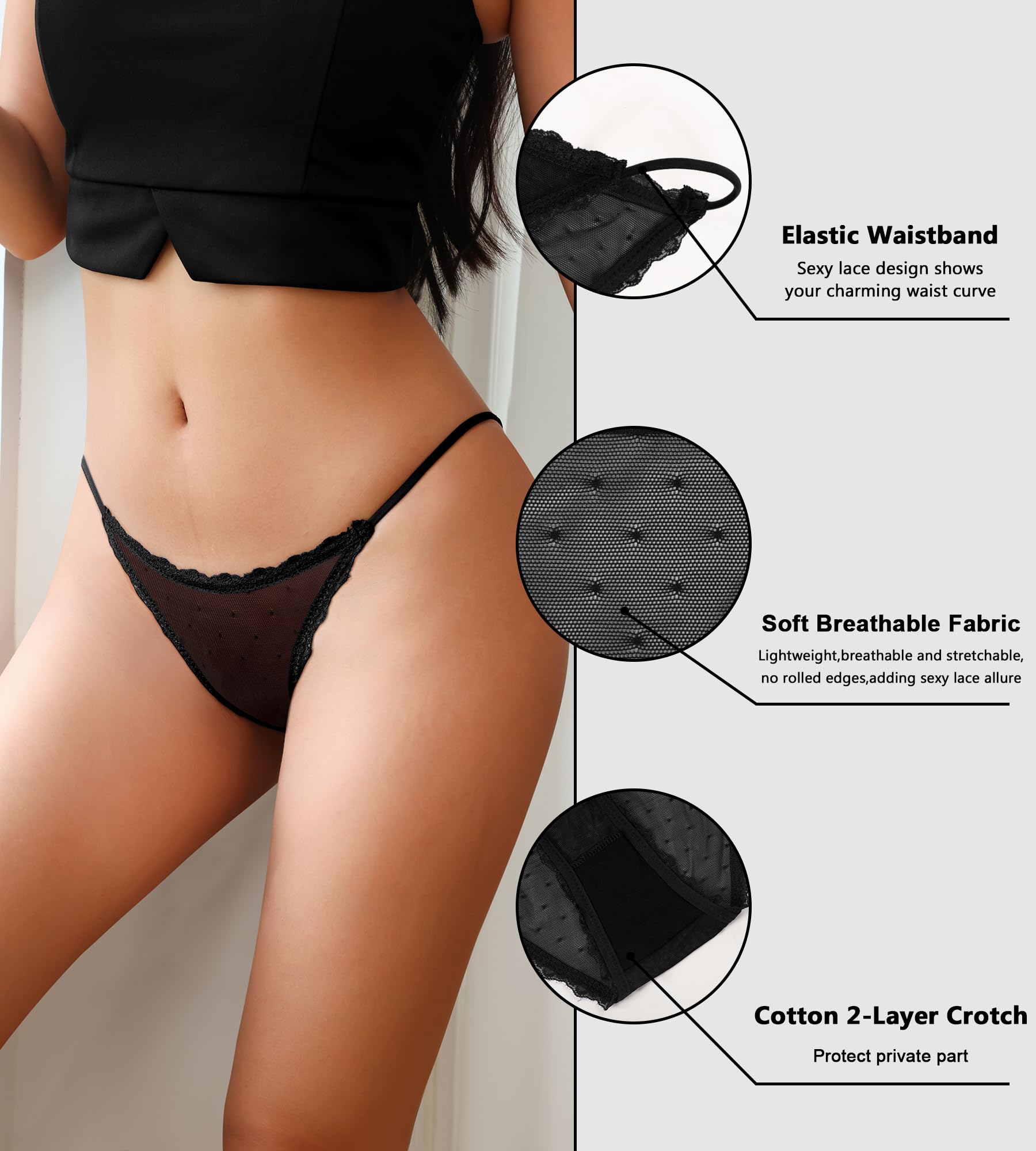 J-pone Sexy Underwear for Women String Bikini Underwear for Women High Cut Breathable Hipster Cheeky Lace Panties 5Pack: Small 5 Pack Black