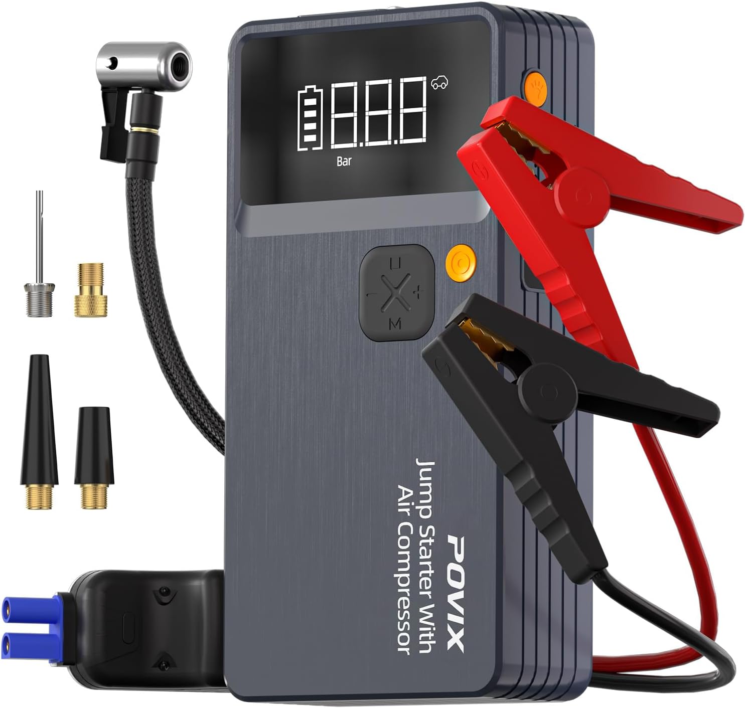 Car Battery Jump Starter with Air Compressor,8000mAh Battery Jump Box with Tire Inflator,Jump Booster with Smart Jumper Cables,LED Light Emergency Kits for Vehicles,Arrancador Ae Batería
