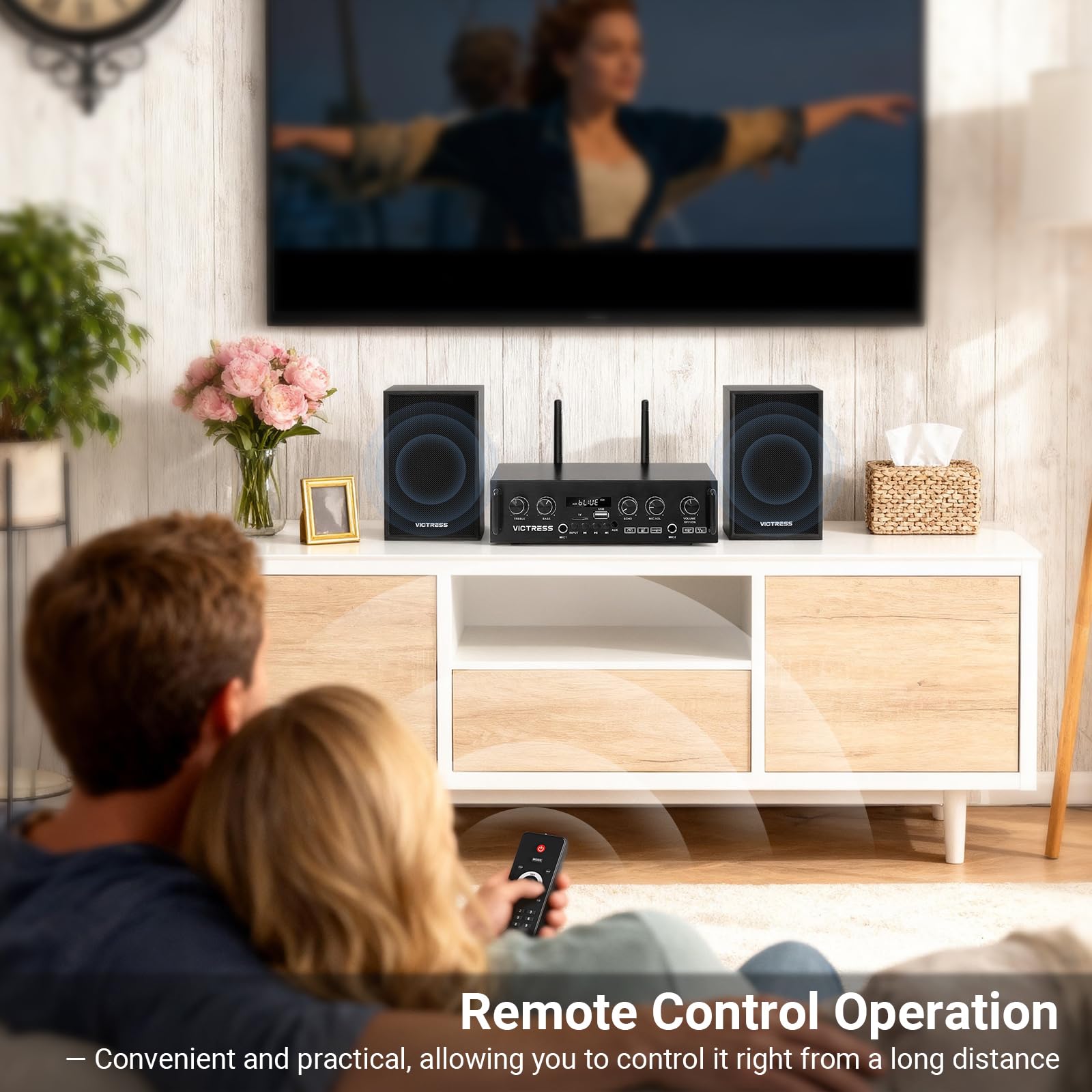 Ricevitori e amplificatore audio domestico all-in-one con altoparlante HiFi professionale e doppi microfoni wireless UHF, set di amplificatori stereo Bluetooth 5.0 per casa/festa/musica, USB/TF/AUX