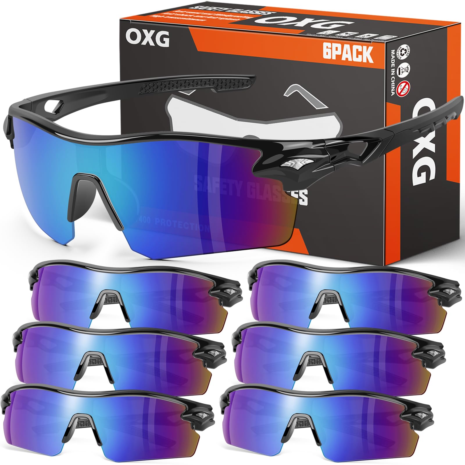 OXG 6 Pack Safety Glasses, Scratch Resistant Wraparound Lenses ANSI Z87.1 Protective Eyewear for Unisex
