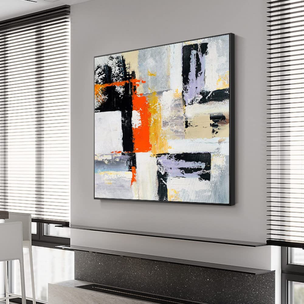 Pintura Al Óleo Pintada A Mano Cuadros,Pintura Acrílica 100% Dibujada A Mano, Abstracta Moderna, En Blanco Y Negro, Naranja