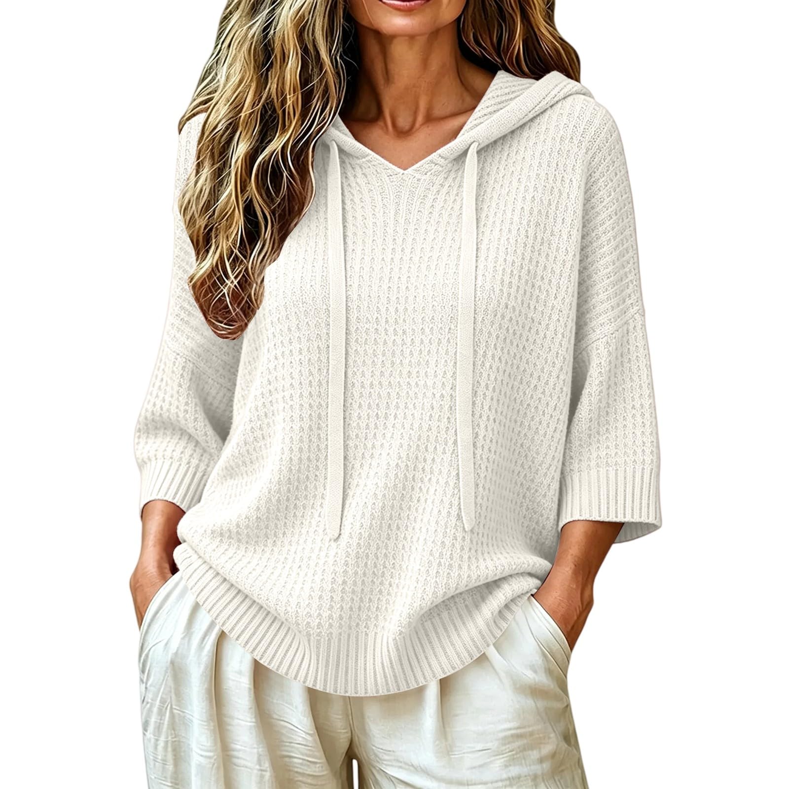 Pullover con Capucha Tejido Waffle Mujer,Cordón Mangas Tres Cuartos,Bolsillo Frontal | Look Relajado Primavera Otoño Informal | Ligero,Suave Y Holgado para Vestir