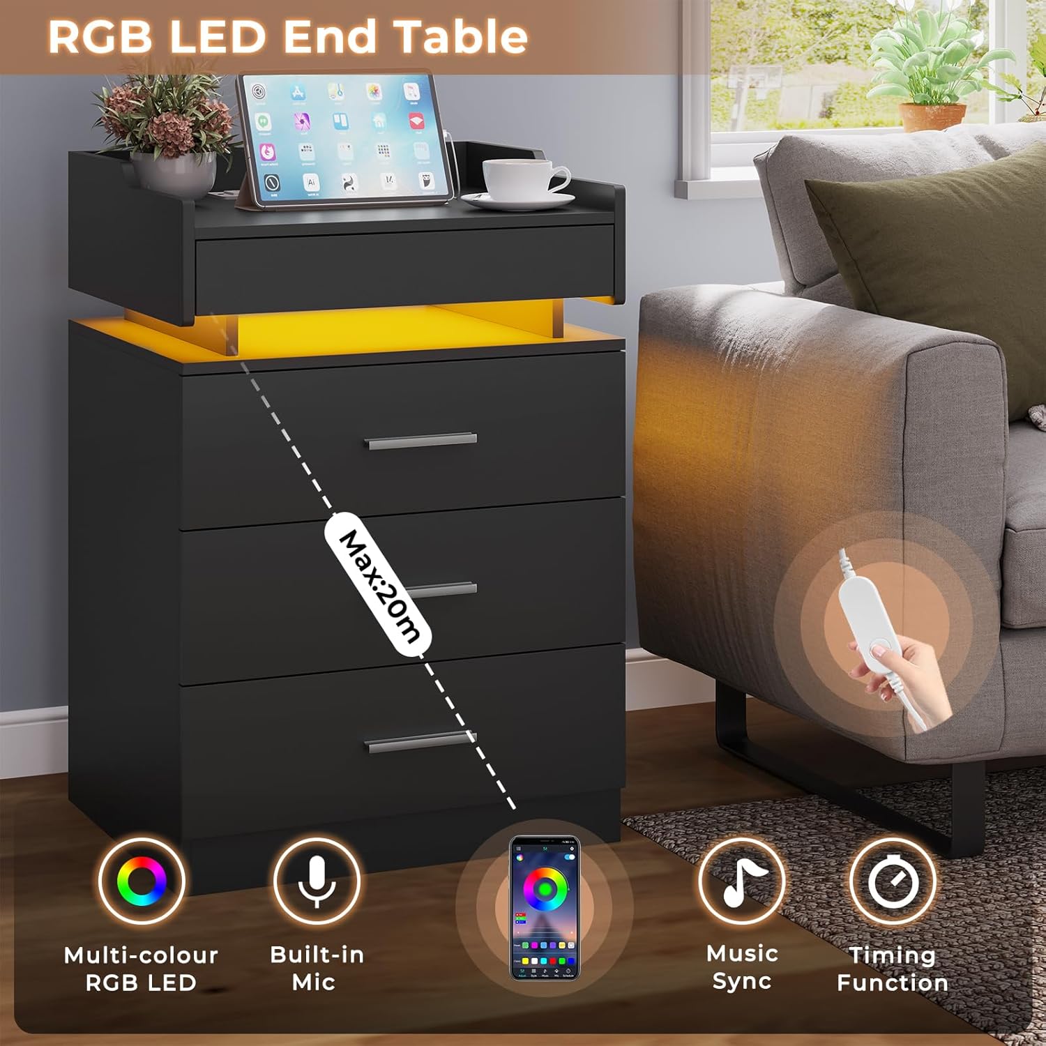 Black Nightstand Set of 2,LED Night Stand with Charging Station & Pull-Out Tray,Bedside Table with Drawers,Modern End Table Side Table Storage Cabniet