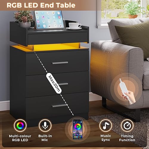 Miniatura 4 de Mesita de noche LED con estación de carga, mesita de noche con estante extraíble, mesita de noche con cajones, mesa auxiliar moderna, mesa auxiliar