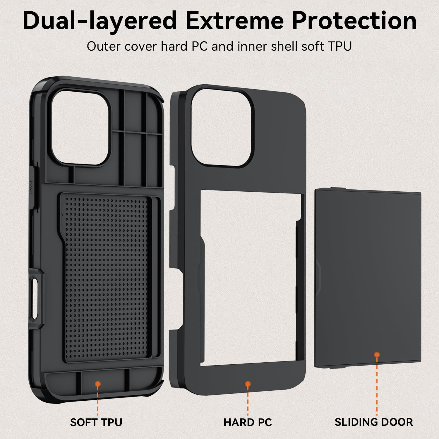 Qinmay Compatible with iPhone 16 Pro Case with Card Holder, Dual Layer Shockproof,Heavy Duty Protective Hidden Slot Slim Wallet Phone Cover，Black