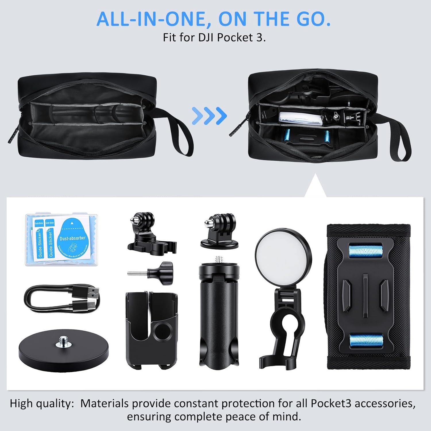 Accessories Kit for Osmo Pocket 3, Included Mini Tripod, Fill Light, Magnetic Base, Backpack Clip, Screen and Lens Protector, Camera Frame Case, Portable Storage Bag and Others