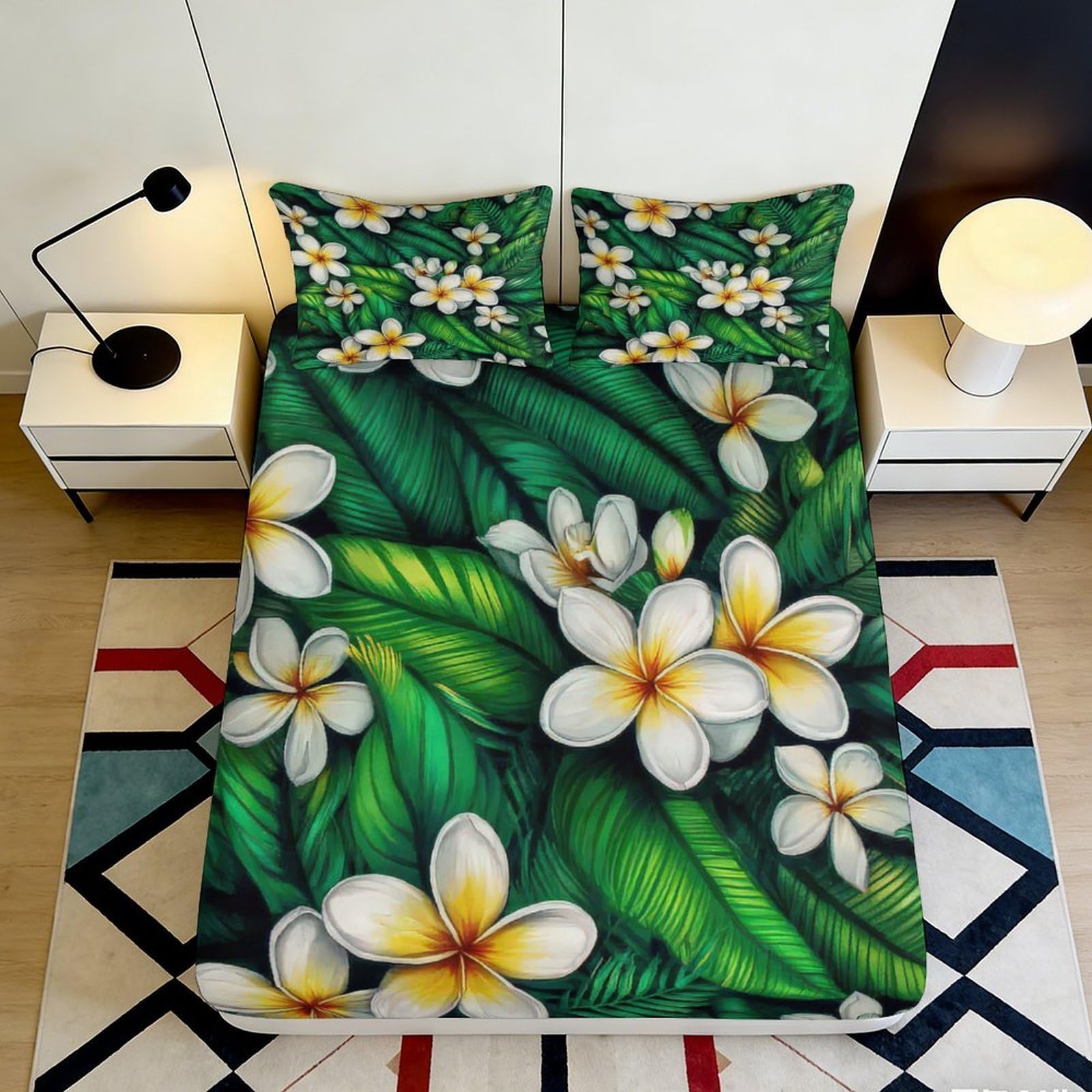 Pnayamiorkfel Style-4 3D Printed Tropical Leaf Fitted Sheet Microfiber Soft Plumeria Flower Bed Cover For Bedroom Guest Room Decor 90X200x25cm