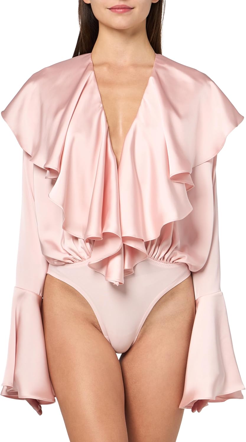 Norma Kamali Women's Long Sleeve Deep V Ruffle Bodysuit