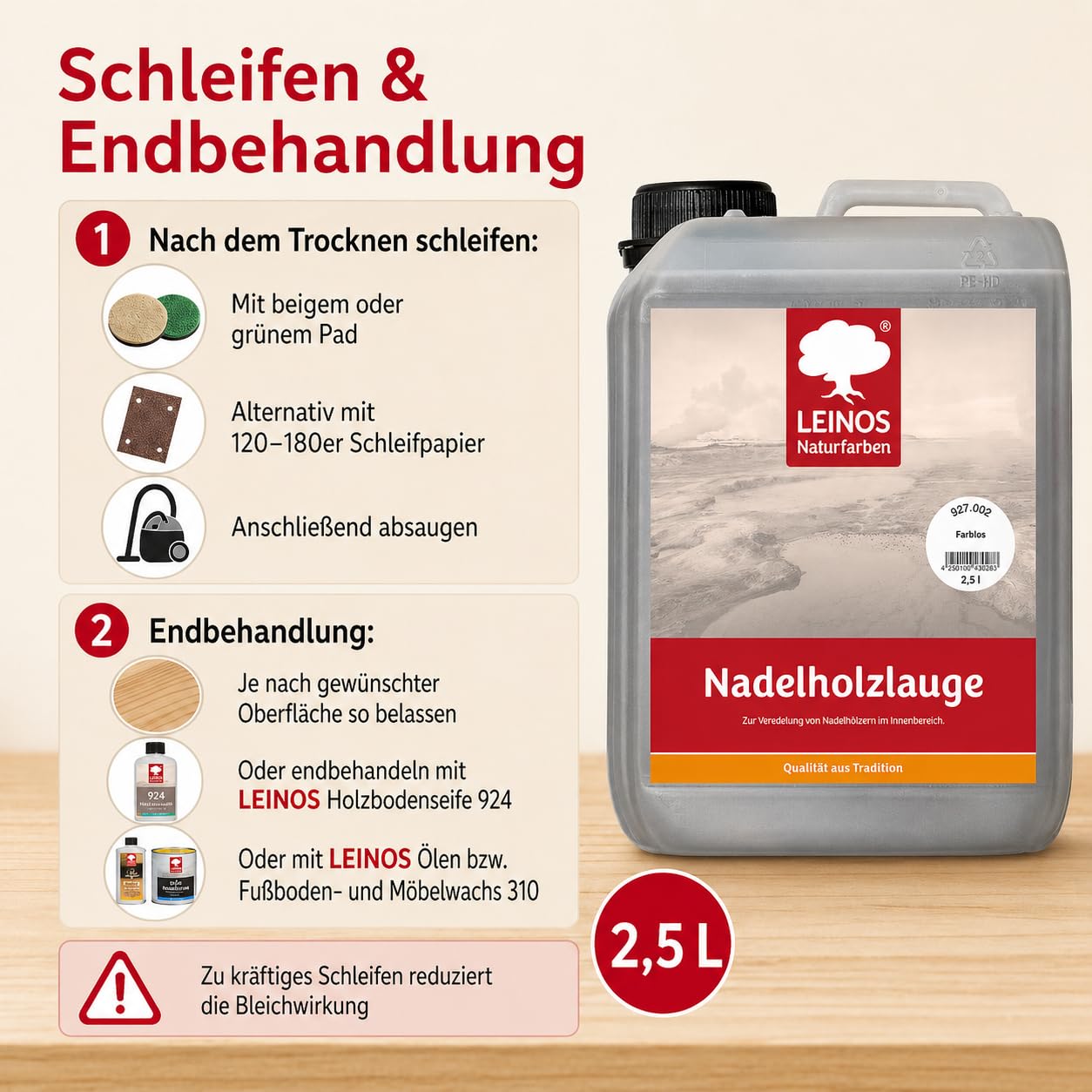 LEINOS 927 Nadelholzlauge Farblos 2,50 l – Veredelung für Kiefer & Fichte im Innenbereich – Stoppt Vergilbung, bewahrt natürliche Optik – Für Böden, Möbel & Decken – Ergiebig & natürlich