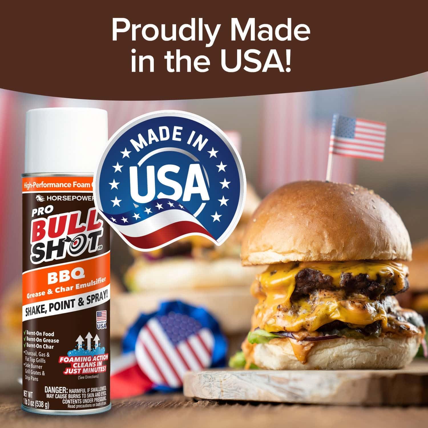 Horsepower Bull Shot BBQ MAX Pro Super-Concentrated Foaming Grill Cleaner, AS SEEN ON TV, Made in USA, Shake, Point & Spray, Emulsifies Grease & Char on Grills, Stove Burners, Drip Pans & More