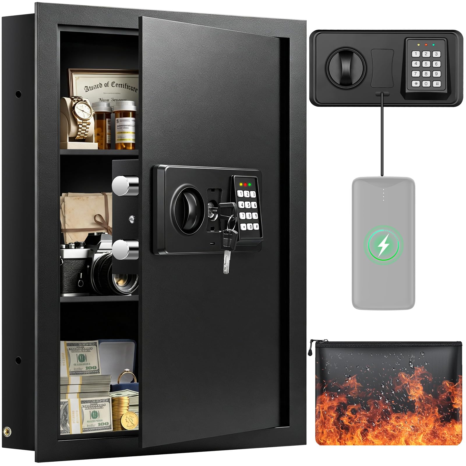 Black 22.05" Tall Wall Safes Between Studs 16" Centers with Fireproof Bag
