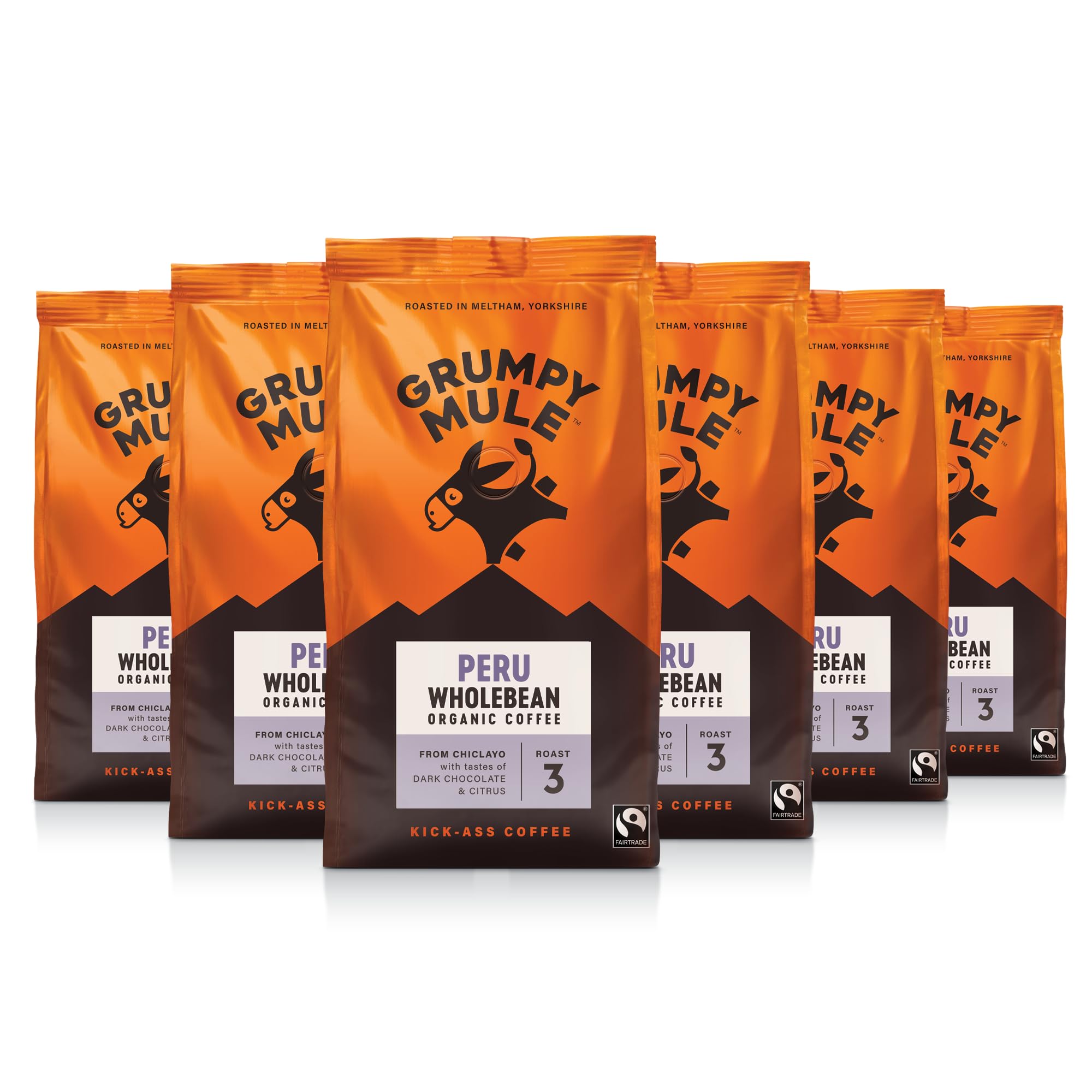 Grumpy Mule Peru Café Feminino Organic (Whole Coffee Beans) with notes of Dark Chocolate and Citrus 200g (Pack of 6 - Total 1.2kg)