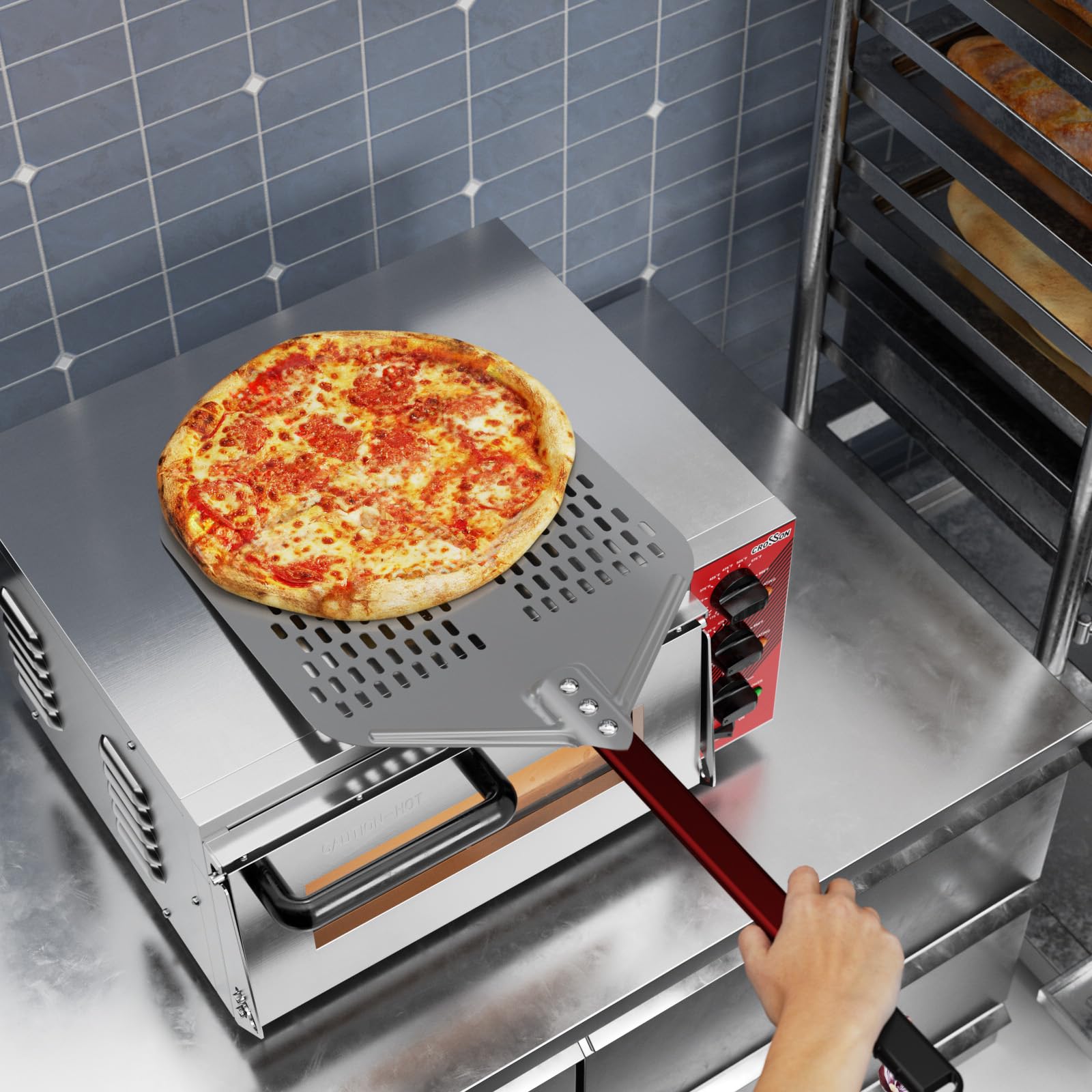crosson Pala perforada para pizza de 30.5 x 40.6 cm, espátula de pizza, pala ligera para tornear pizza con mango de 40.6 cm de largo, accesorios para horno de pizza, herramientas de pizza, volteador
