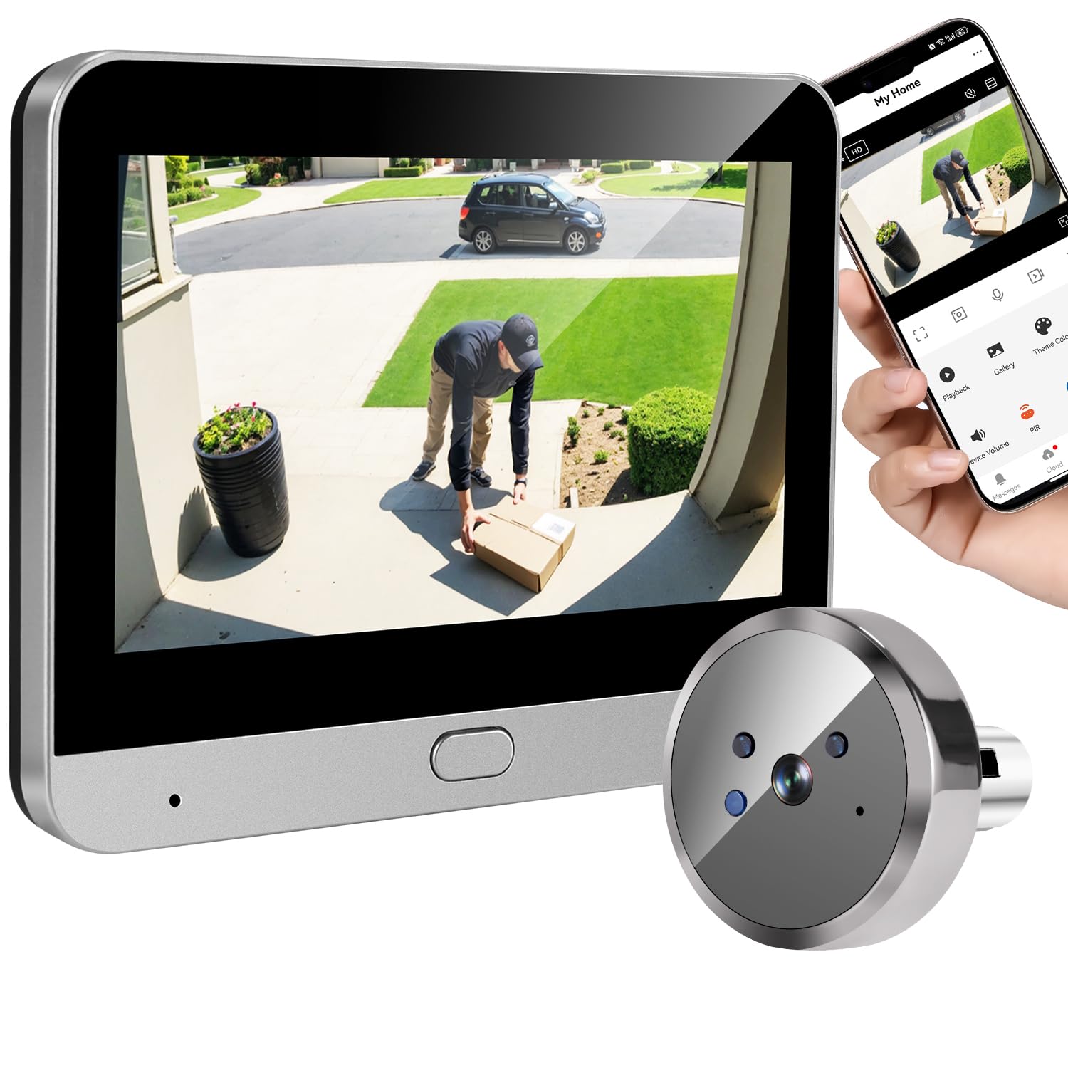 Detección por Radar, Mirilla Digital Inteligente para Puerta con Cámara 2K Gran Angular 140°, Visión Nocturna Infrarroja, Micrófono Integrado, Pantalla a Color 4,3", Batería 5000 mAh con Wi-Fi 2,4 GHz
