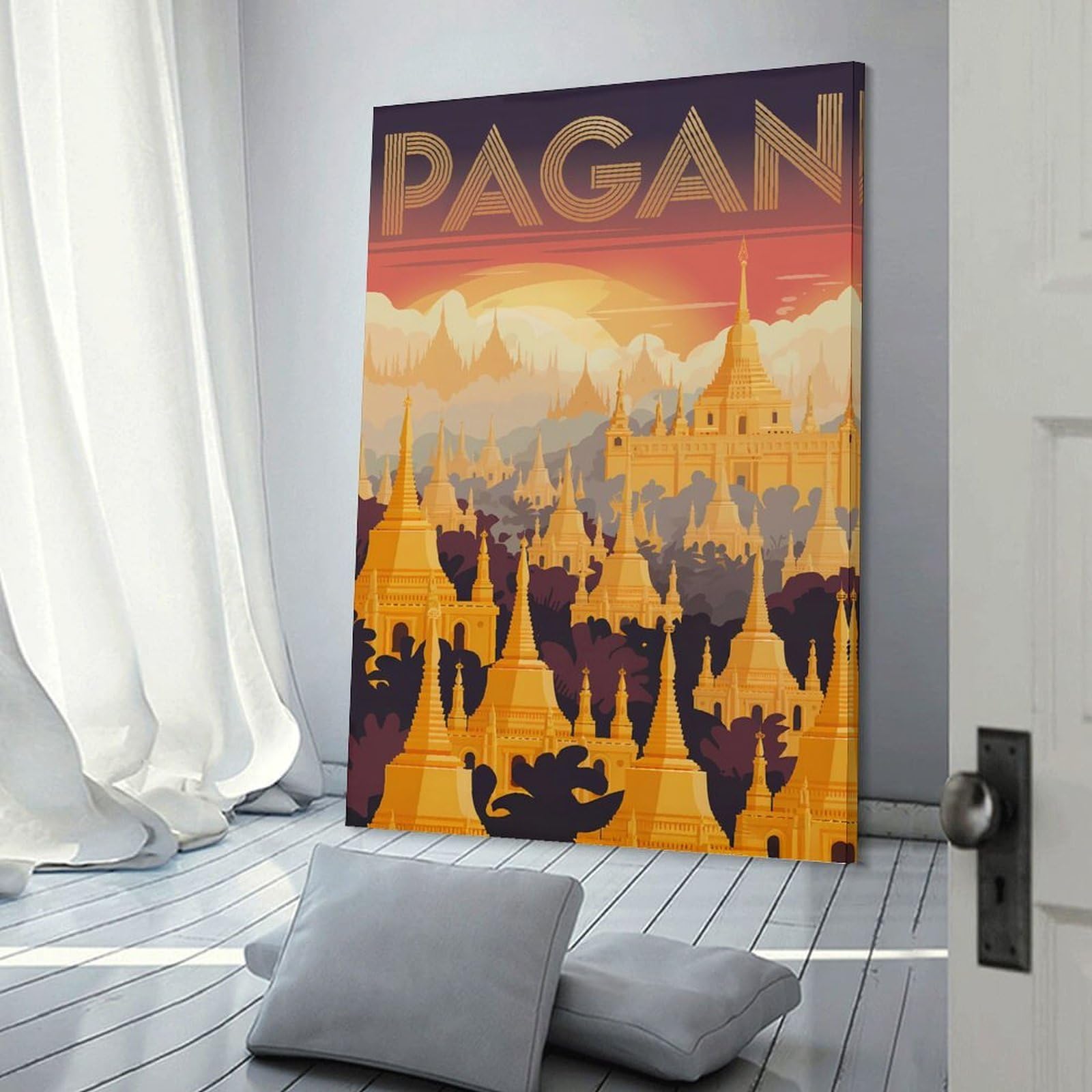 Junmoney Pagan Myanmar Temple Landscape Art Room Decor Wall Art, 16x24inch(40x60cm), for Gallery Wall Decor And Room Displays, Decorative Artwork with Flexible Styling