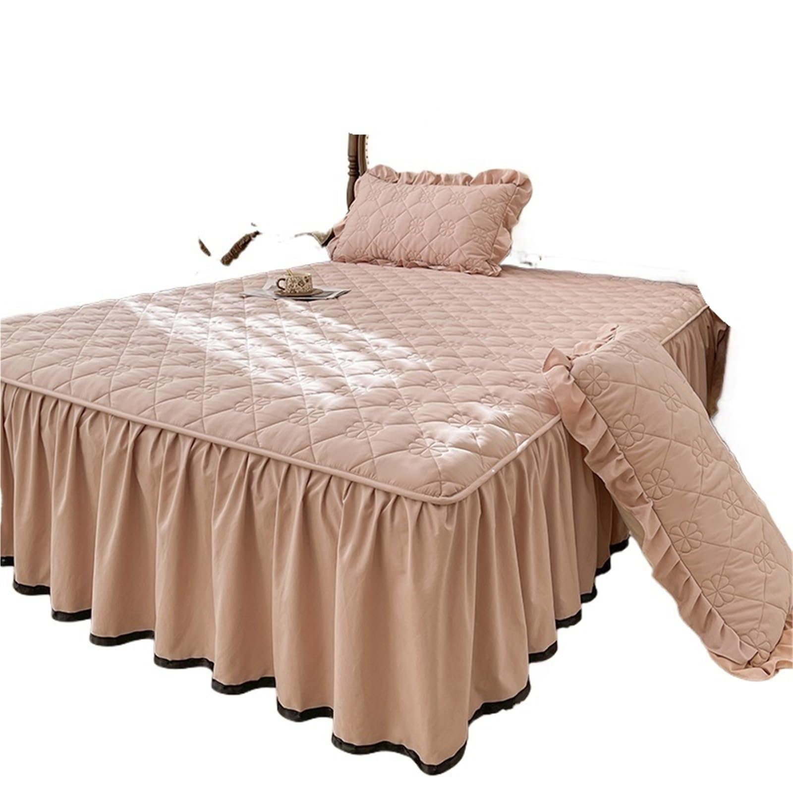 Ruffled Bedspread Quilted Bed Skirt Thicken Bedspread Ruffles Cover Single/Queen/King Size Mattress Protector Linen (No Pillowcase)(Pink,King 180x200cm 1pc)