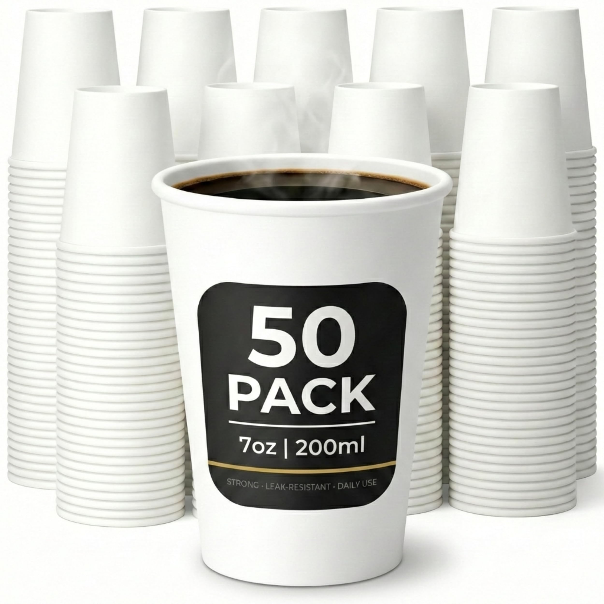 Paper Cups 7oz (200ml) – 50 Pack White Disposable Coffee Cups – Strong Single Wall Cups for Hot & Cold Drinks – Leak-Resistant, Smooth Rim – Ideal for Parties, Home, Office, Cafés & Events