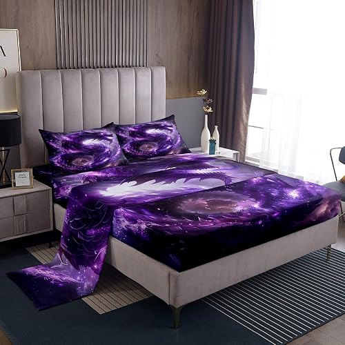 Purple Dragon Fitted Sheet Set with 2 Pillowcases,Ancient Animal Western Bed She