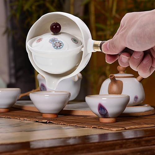 Miniatura 9 de Kichvoe Tetera china de cerámica porcelana gongfu tetera con mango lateral de madera 360 grados giratoria tetera para té suelto pequeño chino Kung