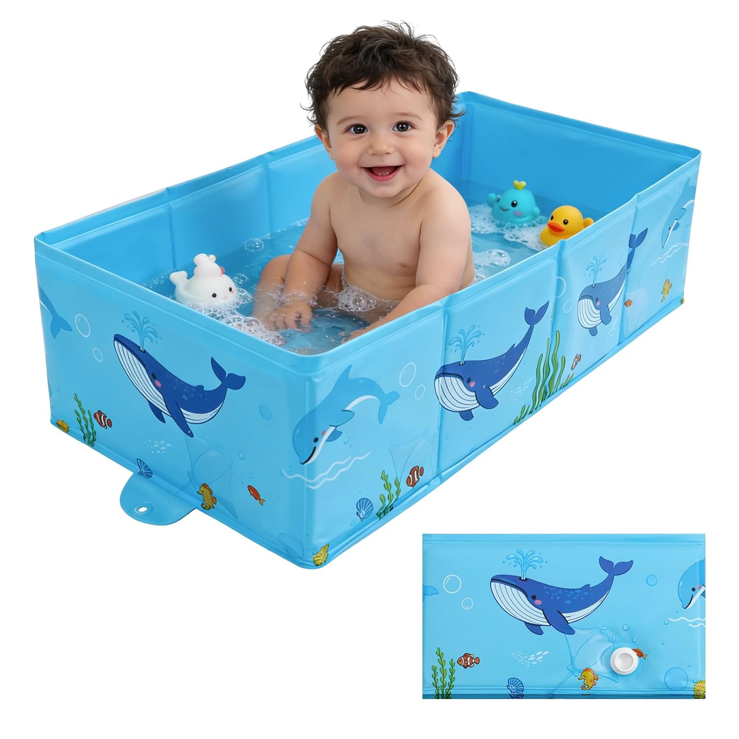 AirSwim Collapsible Baby Bathtub, Foldable Bathtub with a Drain Plug for 6M-4Y Infant Toddler, Space Saving Portable Baby Bath Tub for Travel, Quick Drain and Easy to Clean, No Assembly Required, Blue