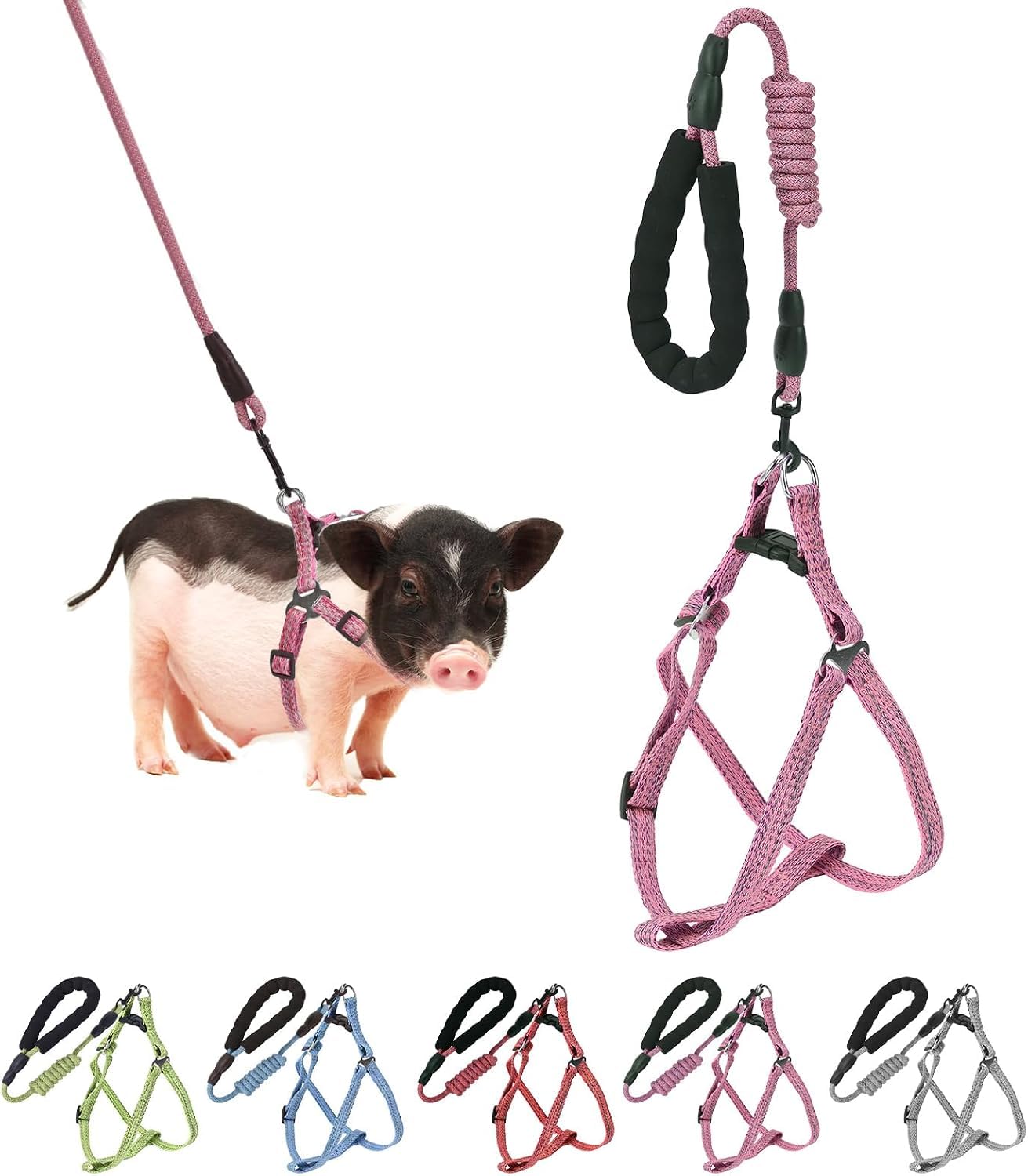 Mini Pig Harness Adjustable with Leash Lead & Soft Foam Handle (Pink, M)