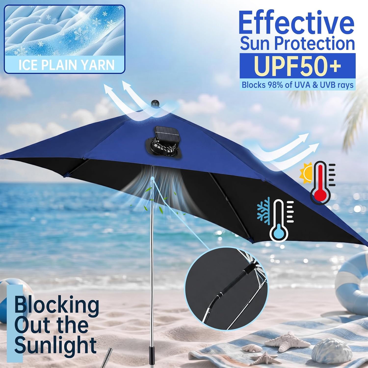 Beach Chair Umbrella with Adjustable Clamp & Solar Fan, UPF 50+