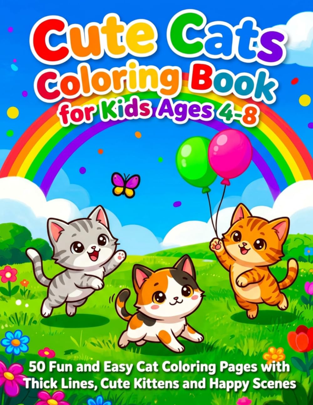 Cute Cats Coloring Book for Kids Ages 4-8: 50 Fun and Easy Cat Coloring Pages with Thick Lines, Cute Kitten and Happy Scenes