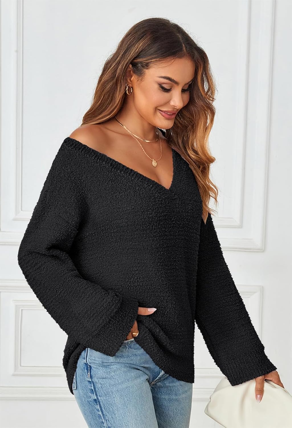 MEROKEETY Sweaters for Women Fall 2026 V Neck Oversized Cozy Chunky Knit Long Sleeve Fuzzy Fleece Pullover Winter Outfits - Image 3