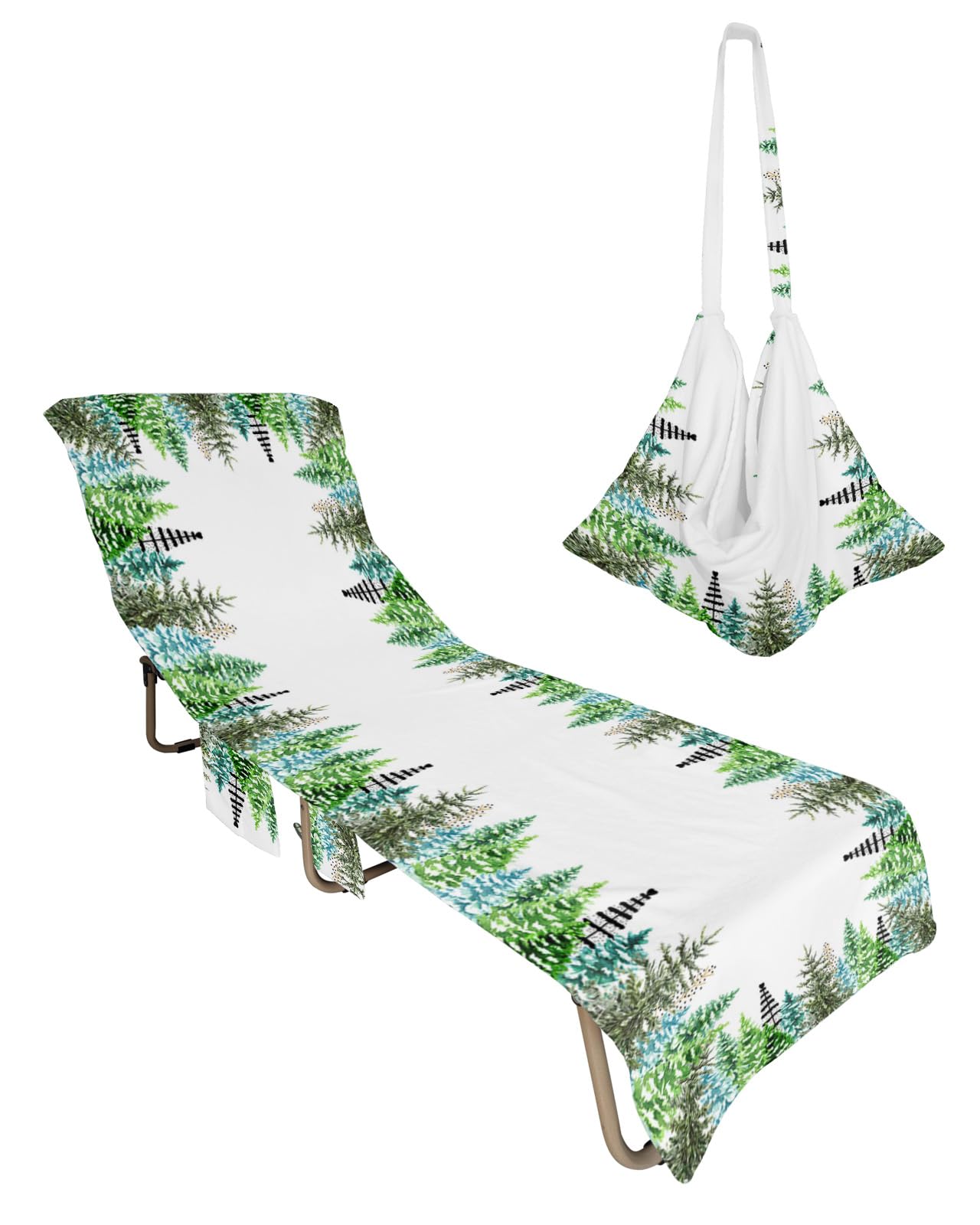 Green Christmas Tree Beach Chair Towel Covers for Chaise Lounge With Side Pocket, Soft Plush Pool Towels Cover for Patio Sunbathing Outdoor 29''x85'' Forest Winter Pine Xmas Dot