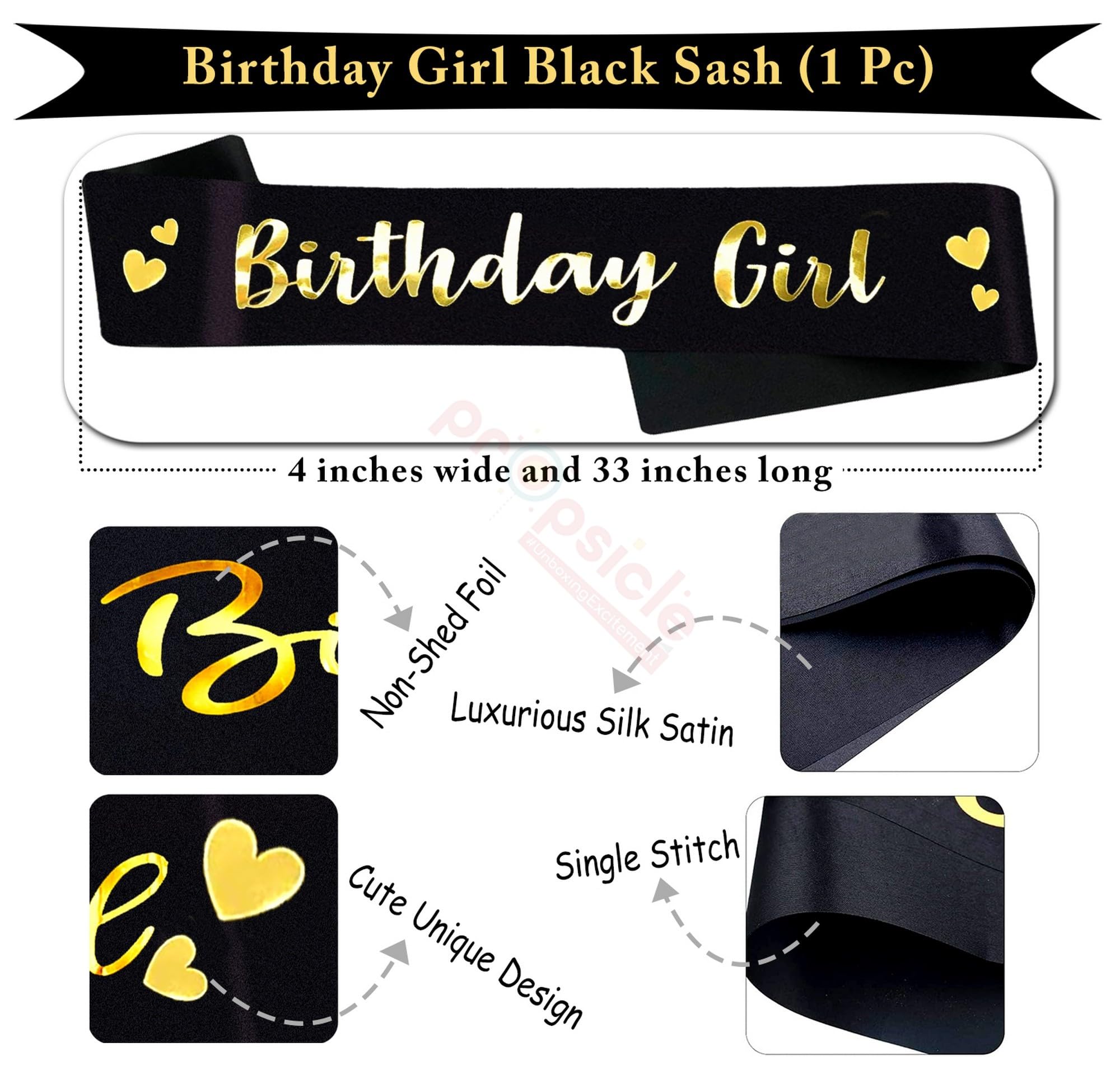 Propsicle Birthday Girl Sash - (Pack of 1) Black Satin with Gold Foil Text for Women & Teens, Black and Gold Birthday Decoration Accessory for Photos, Cake Cutting, Party Backdrop - Image 2 thumbnail