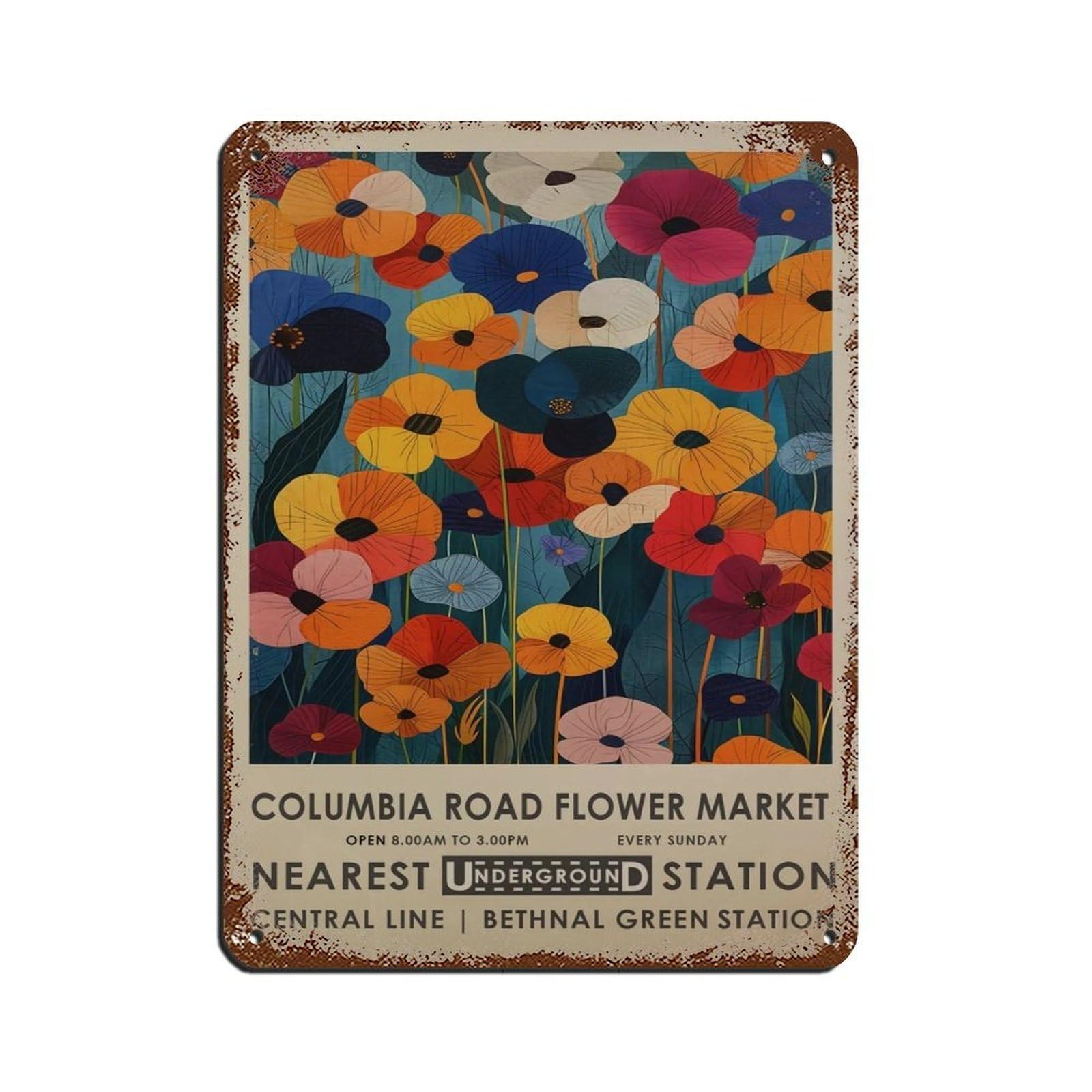 Columbia Road Flower Market, Bright Florals Retro Poster Metal Tin Sign Chic Art Retro Iron Painting Bar People Cave Cafe Family Garage Poster Wall Decoration 12x16inch(30x40cm)