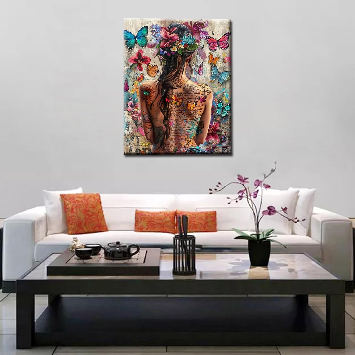 Sexy Girl Back with Tattoo Painting Fashion Woman Paint by Number Kits Flowers,Butterfly 16 x 20 inch Canvas DIY Oil Acrylic Painting for Kids Adults Beginner with Brushes Office Decor(DIY Frame)